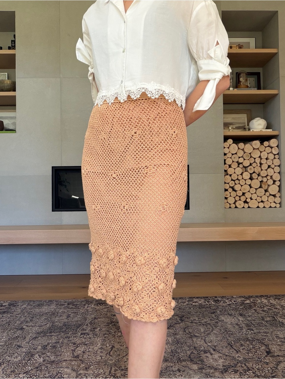 Vintage 100% cotton Crocheted Midi Skirt Knit Pencil Skirt small medium